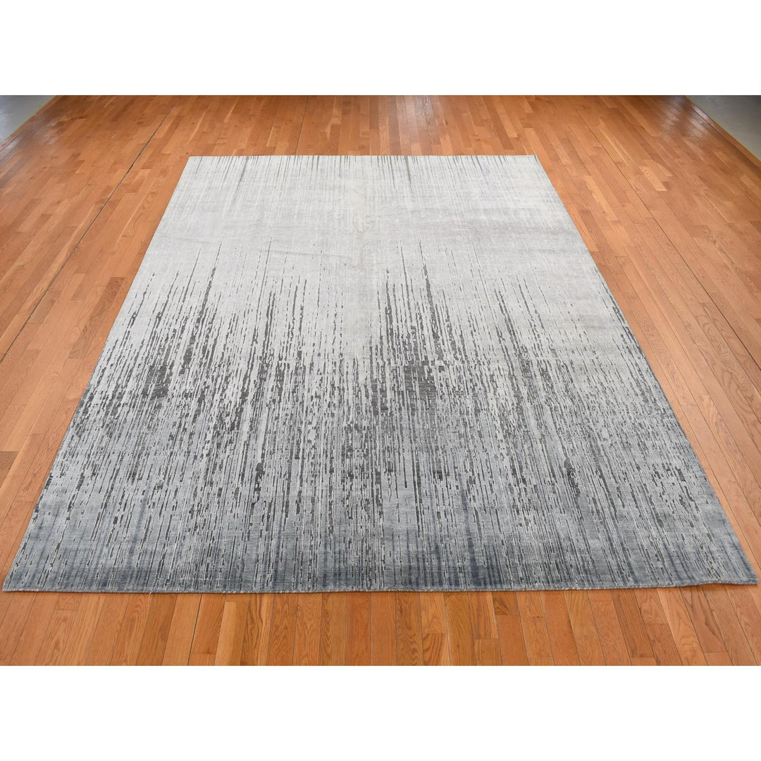 9'0" x 11'10" New Hand Knotted Grey Wool & Pure Silk Rectangle Oriental Rug - MOA10287134