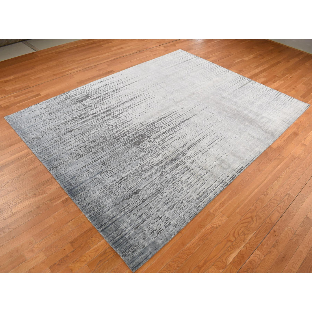 9'0" x 11'10" New Hand Knotted Grey Wool & Pure Silk Rectangle Oriental Rug - MOA10287134