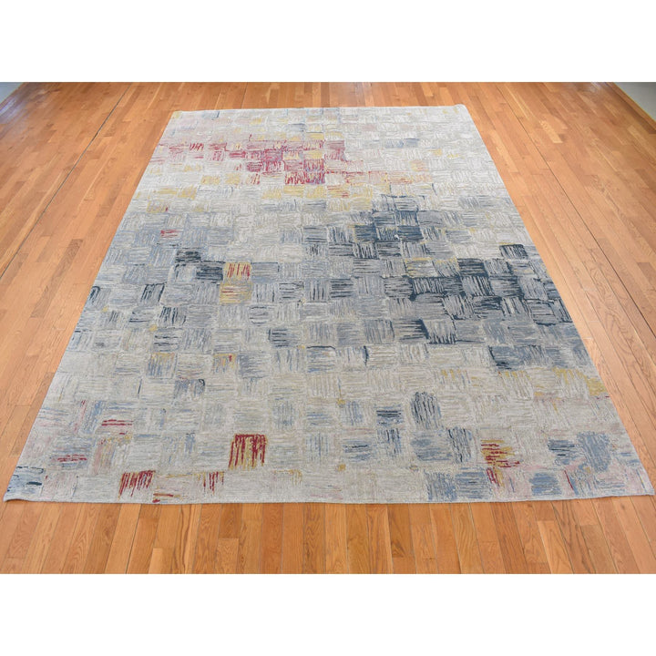 8'10" x 12'0" New Hand Knotted Grey Wool & Silk Rectangle Oriental Rug - MOA10287142