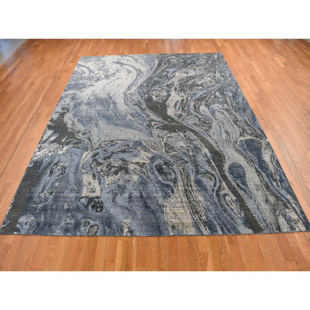 9'0" x 12'1" New Hand Knotted Blue Wool & Silk Rectangle Oriental Rug - MOA10287146