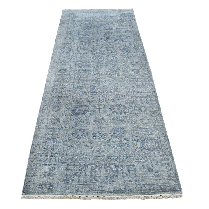 3'1" x 8'3" New Hand Knotted Grey Wool & Silk Runner Oriental Rug - MOA10287201