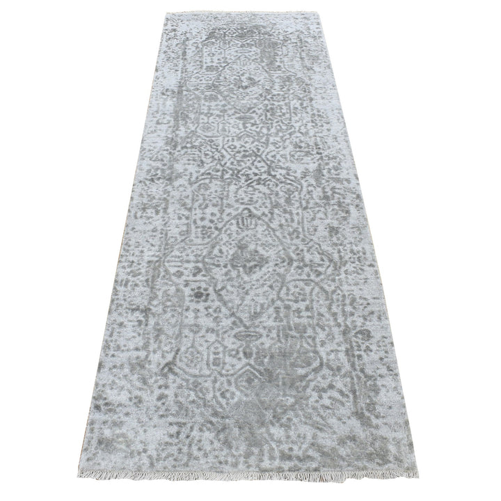 2'7" x 8'0" New Hand Knotted Grey Wool & Silk Runner Oriental Rug - MOA10287203