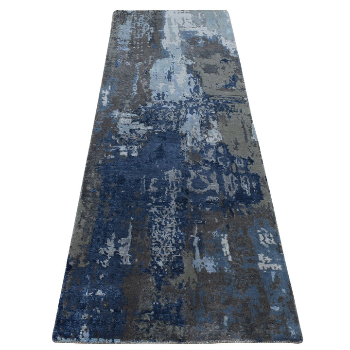 2'8" x 8'1" New Hand Knotted Blue Wool & Silk Runner Oriental Rug - MOA10287208