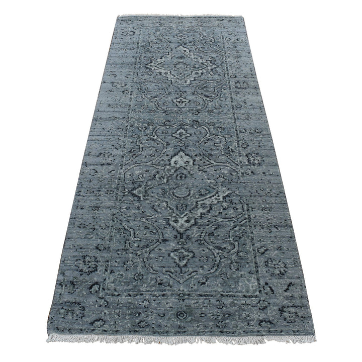 2'9" x 7'10" New Hand Knotted Grey Wool & Silk Runner Oriental Rug - MOA10287212