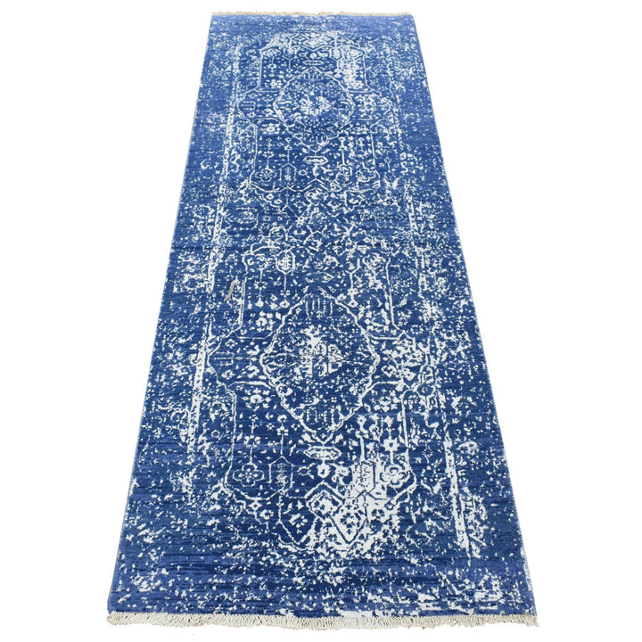 2'5" x 7'6" New Hand Knotted Blue Wool & Silk Runner Oriental Rug - MOA10287249