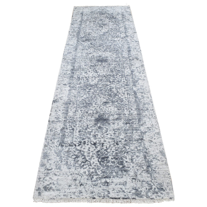 2'8" x 10'0" New Hand Knotted Grey Wool & Pure Silk Runner Oriental Rug - MOA10287269