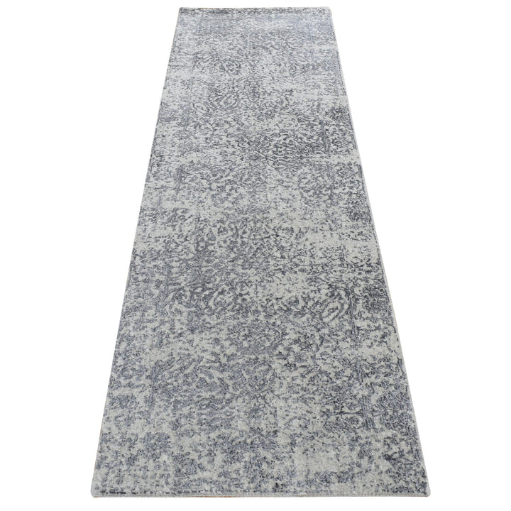 2'5" x 10'1" New Hand Loomed Grey Wool & Silk Runner Oriental Rug - MOA10287271