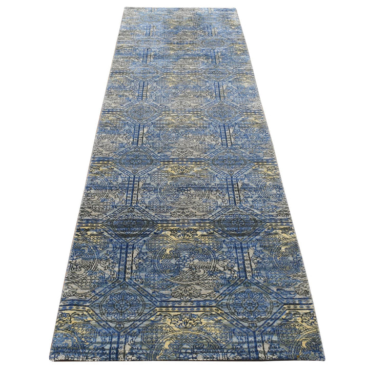 2'8" x 9'1" New Hand Knotted Blue Wool & Silk Runner Oriental Rug - MOA10287279