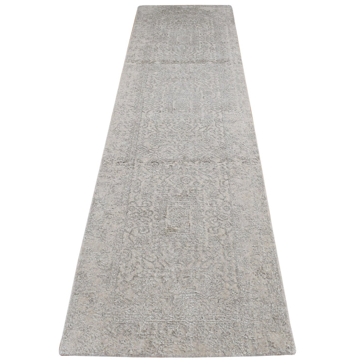 2'5" x 12'0" New Hand Loomed Grey Wool & Silk Runner Oriental Rug - MOA10287306