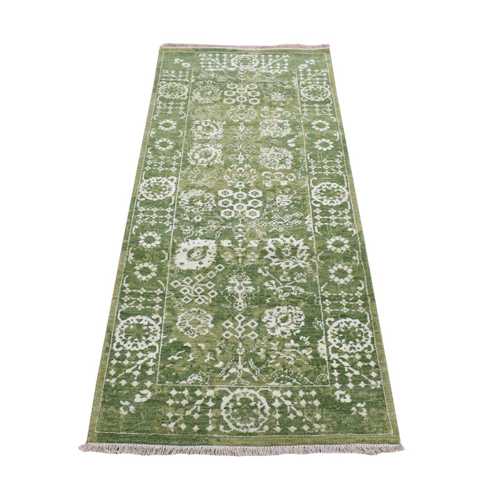 2'6" x 6'0" New Hand Knotted Green Wool & Silk Runner Oriental Rug - MOA10287344