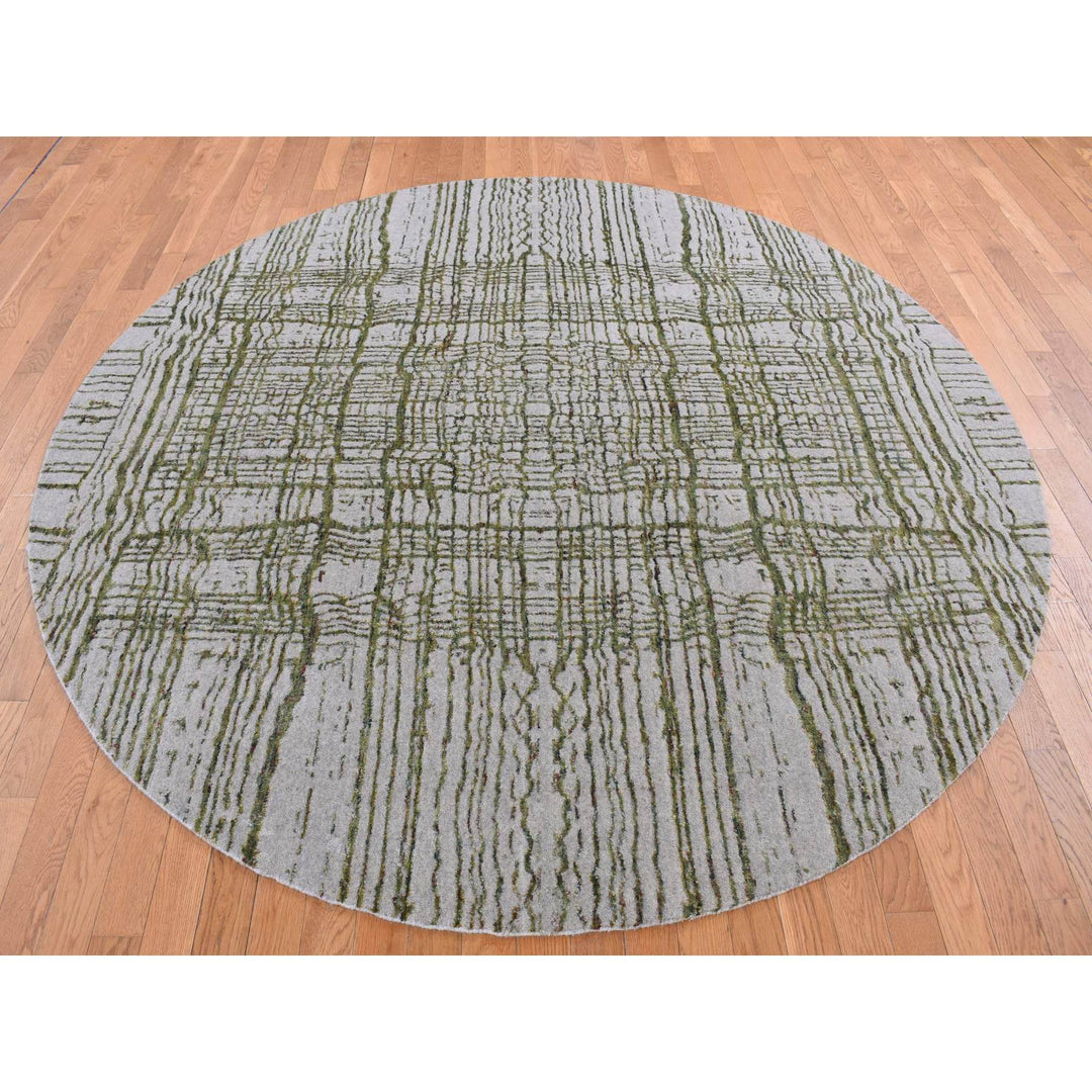 7'10" x 7'10" New Hand Loomed Grey Wool & Art Silk Round Oriental Rug - MOA10287355