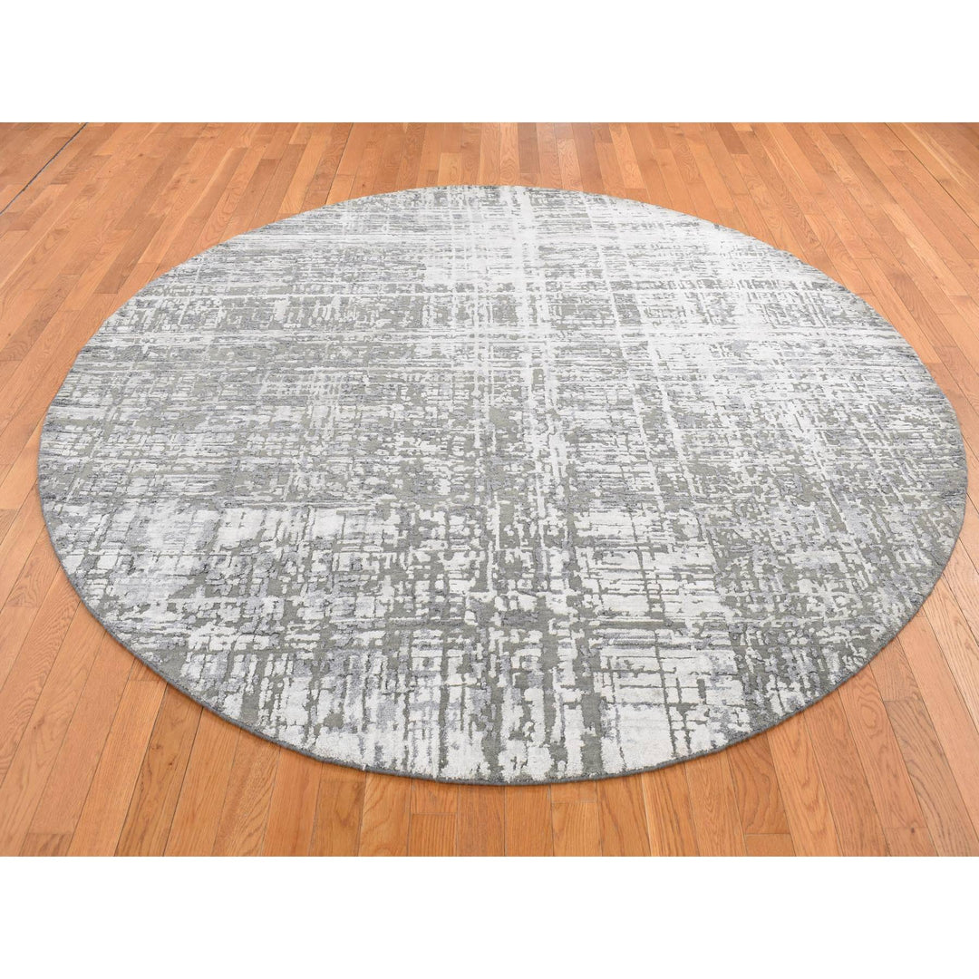 8'2" x 8'2" New Hand Knotted Grey Wool & Silk Round Oriental Rug - MOA10287361