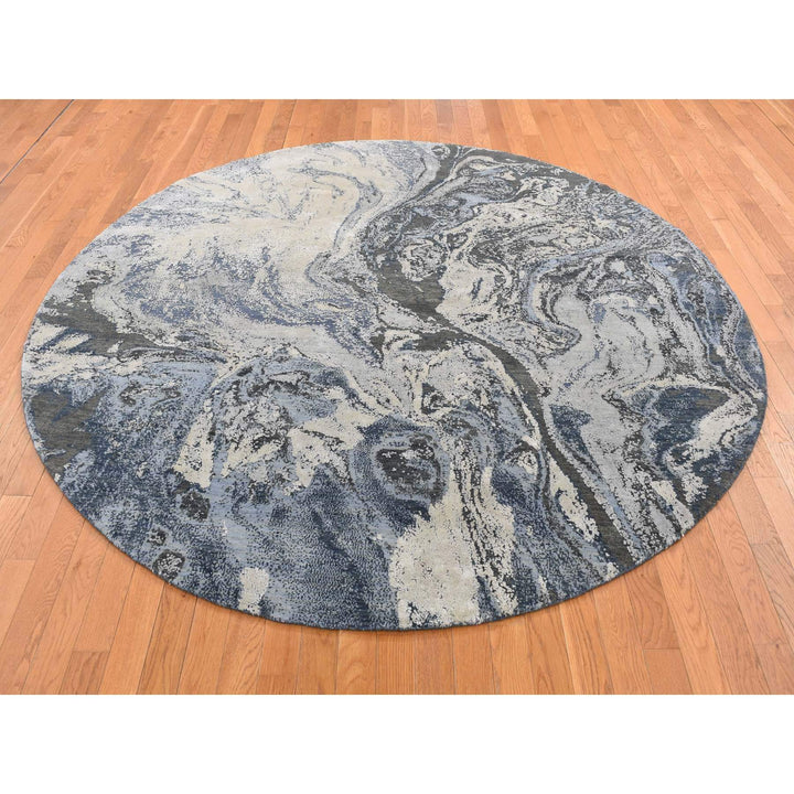 8'1" x 8'1" New Hand Knotted Blue Wool & Silk Round Oriental Rug - MOA10287362