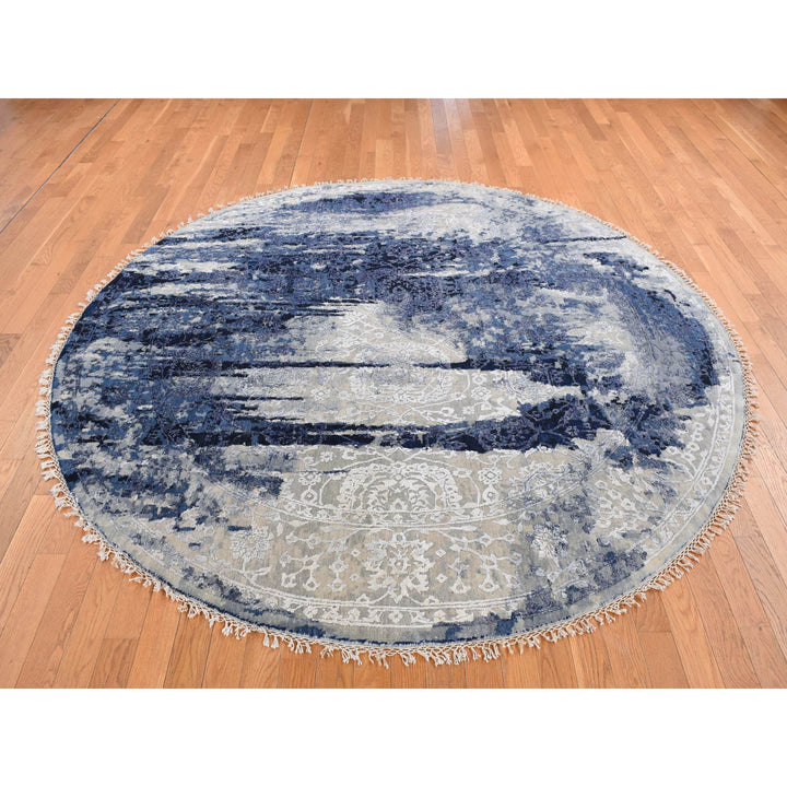 7'10" x 7'10" New Hand Knotted Blue Wool & Silk Round Oriental Rug - MOA10287367