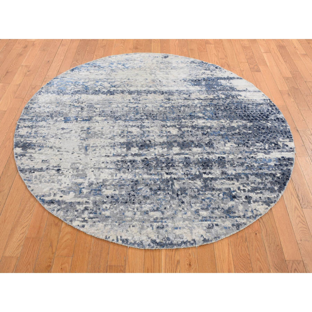 6'0" x 6'0" New Hand Knotted Blue Wool & Silk Round Oriental Rug - MOA10287374