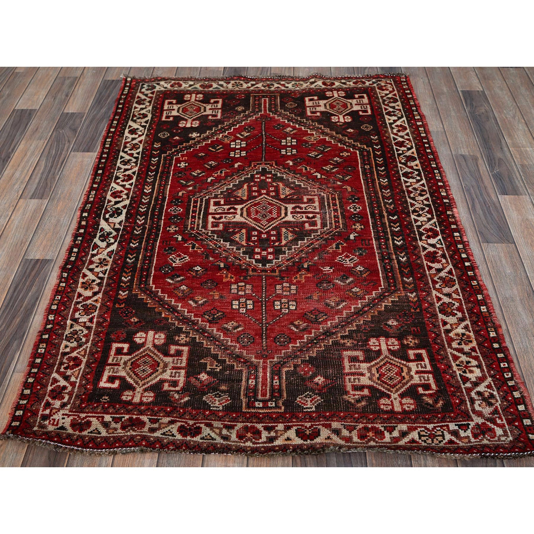 3'9" x 5'1" Vintage Hand Knotted Red Wool Rectangle Oriental Rug - MOA102873