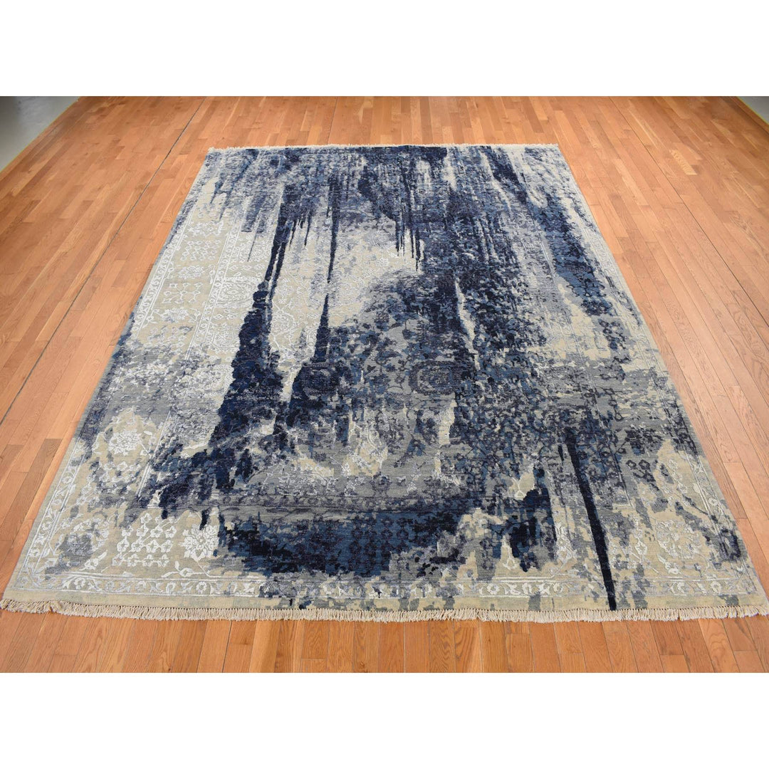 6'0" x 8'10" New Hand Knotted Blue Wool & Silk Rectangle Oriental Rug - MOA10287431