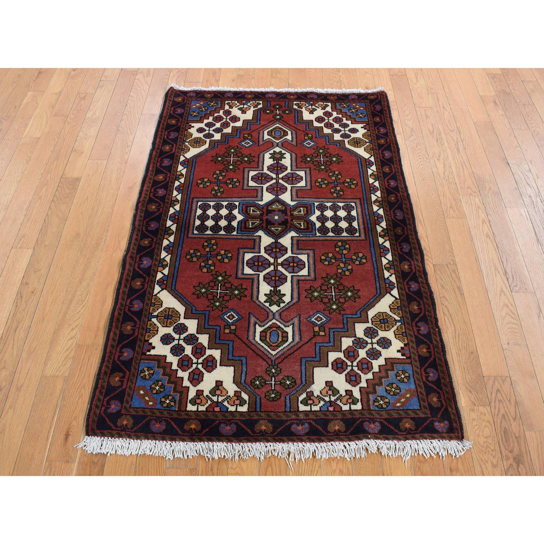 3'5" x 5'0" Vintage Hand Knotted Red Wool Rectangle Oriental Rug - MOA10287464