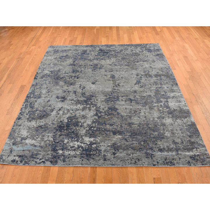 7'10" x 9'9" New Hand Knotted Grey Wool & Silk Rectangle Oriental Rug - MOA10287515