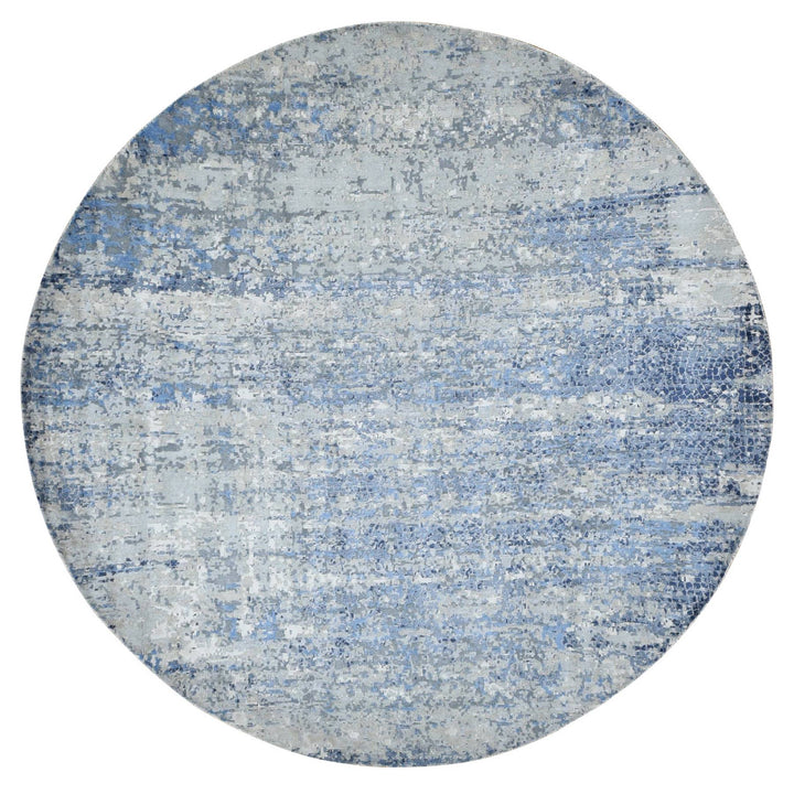 8'10" x 8'10" New Hand Knotted Blue Wool & Silk Round Oriental Rug - MOA10287568