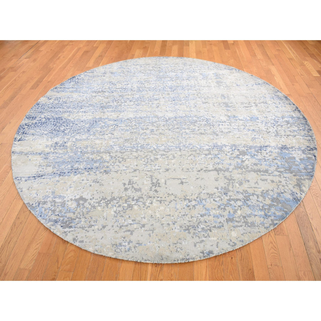 8'10" x 8'10" New Hand Knotted Blue Wool & Silk Round Oriental Rug - MOA10287568