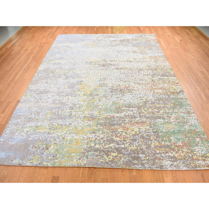 10'0" x 14'1" New Hand Knotted Grey Wool & Pure Silk Rectangle Oriental Rug - MOA10287581