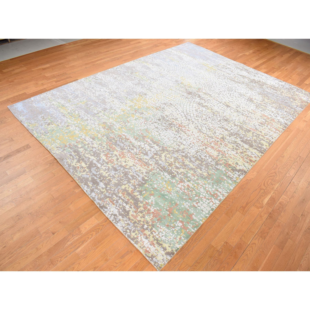 10'0" x 14'1" New Hand Knotted Grey Wool & Pure Silk Rectangle Oriental Rug - MOA10287581