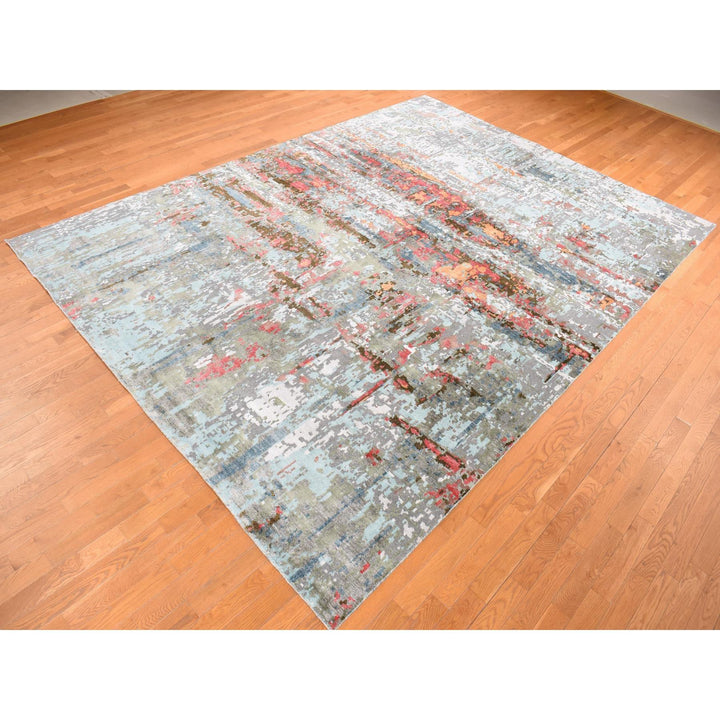 9'10" x 13'8" New Hand Knotted Grey Wool & Silk Rectangle Oriental Rug - MOA10287583