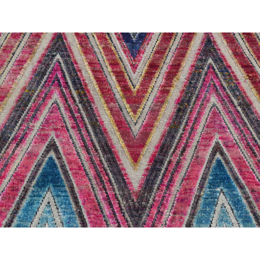 3'0" x 12'3" New Hand Knotted Pink Wool & Sari Silk Runner Oriental Rug - MOA10287621