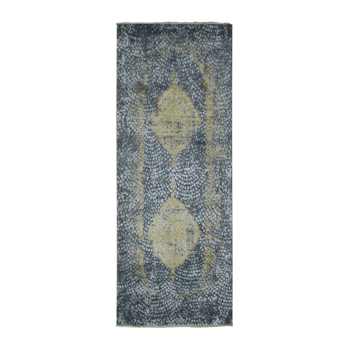 3'0" x 8'0" New Hand Knotted Grey Wool & Pure Silk Runner Oriental Rug - MOA10287627