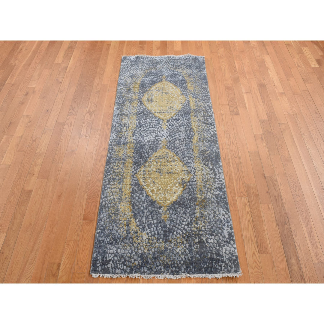 3'0" x 8'0" New Hand Knotted Grey Wool & Pure Silk Runner Oriental Rug - MOA10287627