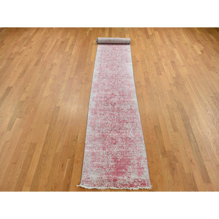 2'5" x 15'7" New Hand Knotted Pink Wool & Pure Silk Runner Oriental Rug - MOA10287631