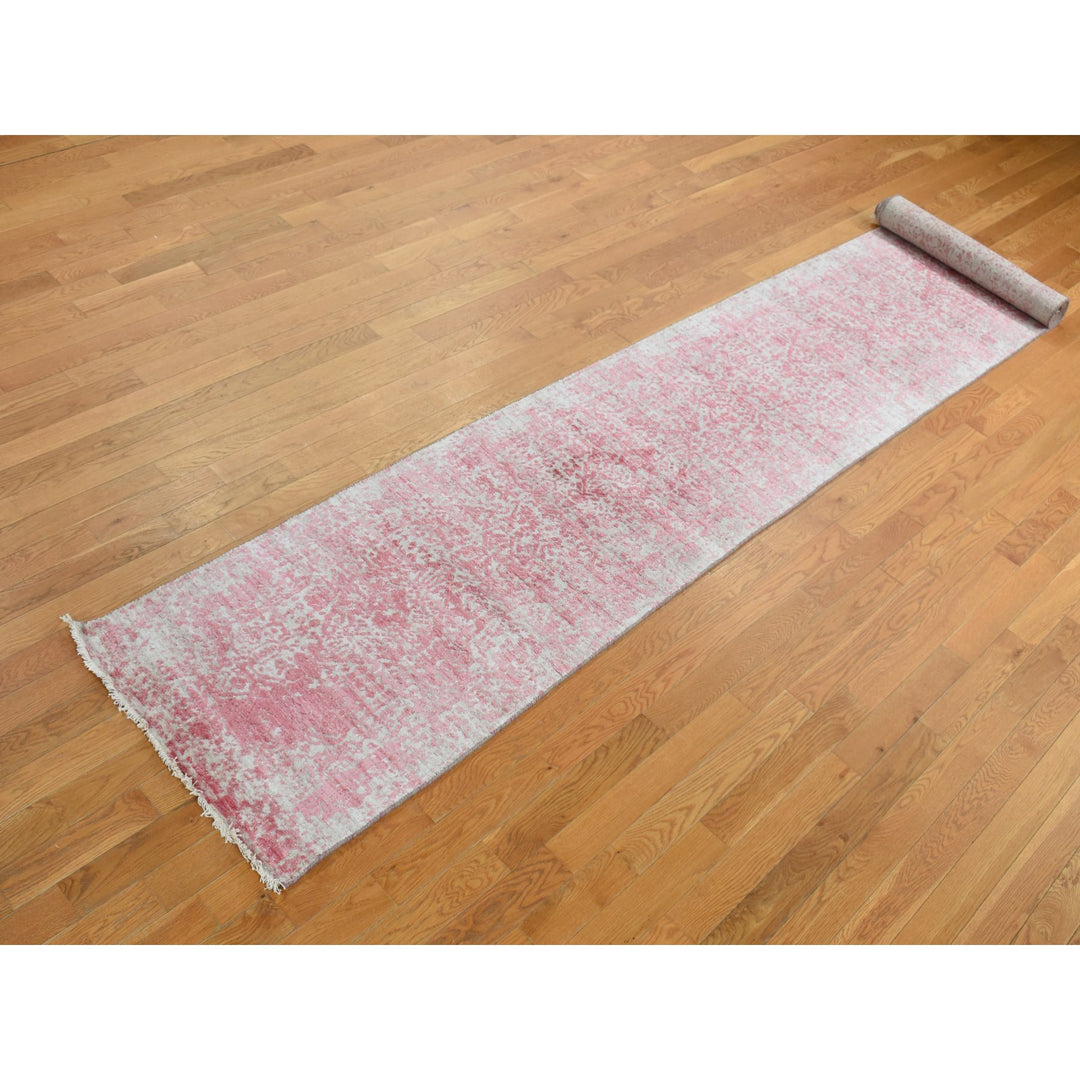 2'5" x 15'7" New Hand Knotted Pink Wool & Pure Silk Runner Oriental Rug - MOA10287631