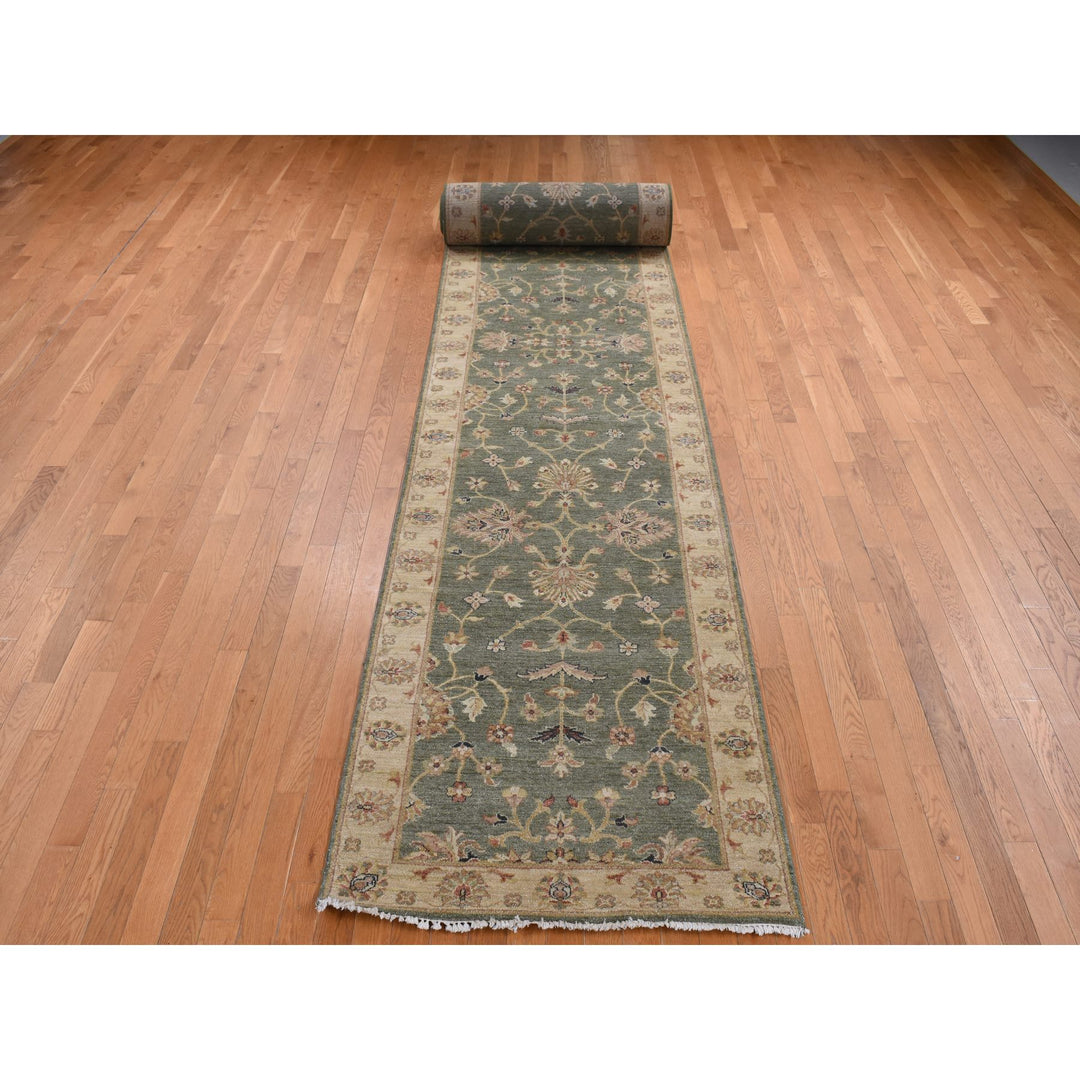 3'6" x 32'2" New Hand Knotted Green Wool Runner Oriental Rug - MOA10287634