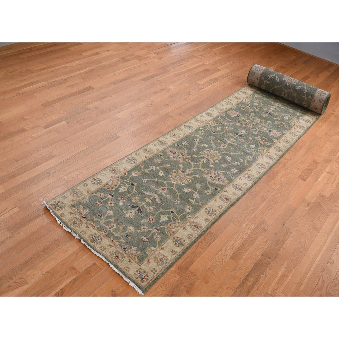 3'6" x 32'2" New Hand Knotted Green Wool Runner Oriental Rug - MOA10287634