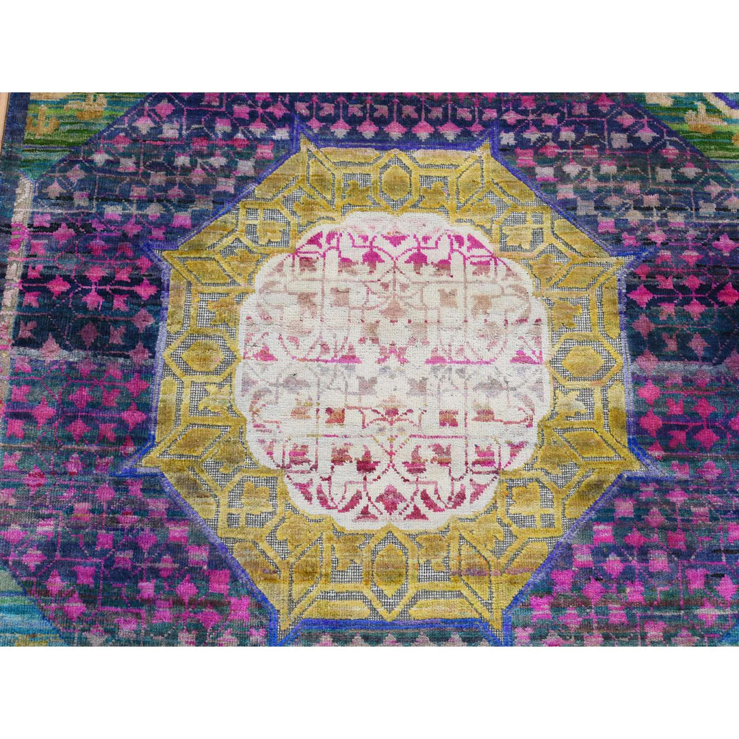 3'1" x 16'1" New Hand Knotted Purple Wool & Silk Runner Oriental Rug - MOA10287638