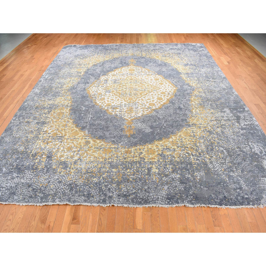 12'0" x 15'1" New Hand Knotted Grey Wool & Silk Rectangle Oriental Rug - MOA10287645