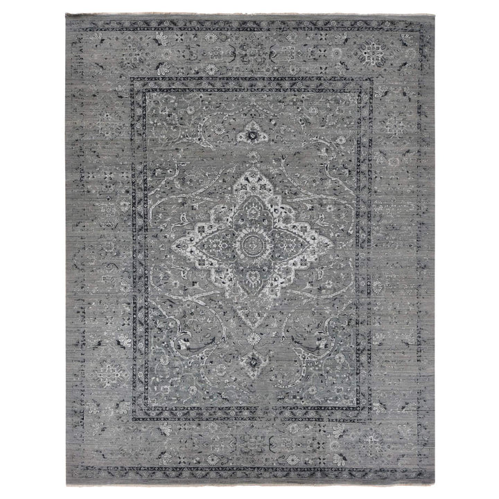 12'0" x 15'5" New Hand Knotted Grey Wool & Silk Rectangle Oriental Rug - MOA10287648