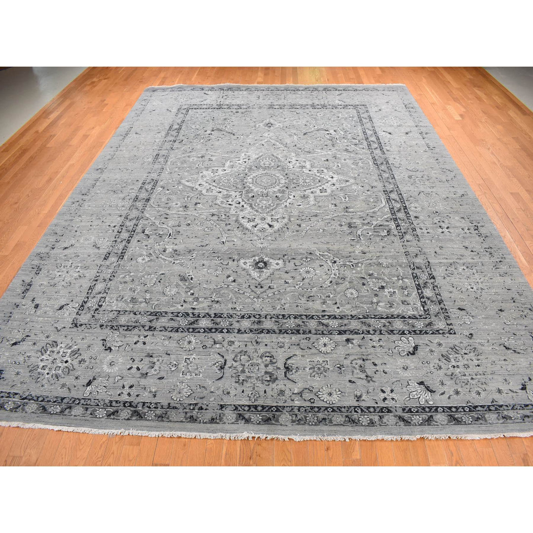 12'0" x 15'5" New Hand Knotted Grey Wool & Silk Rectangle Oriental Rug - MOA10287648