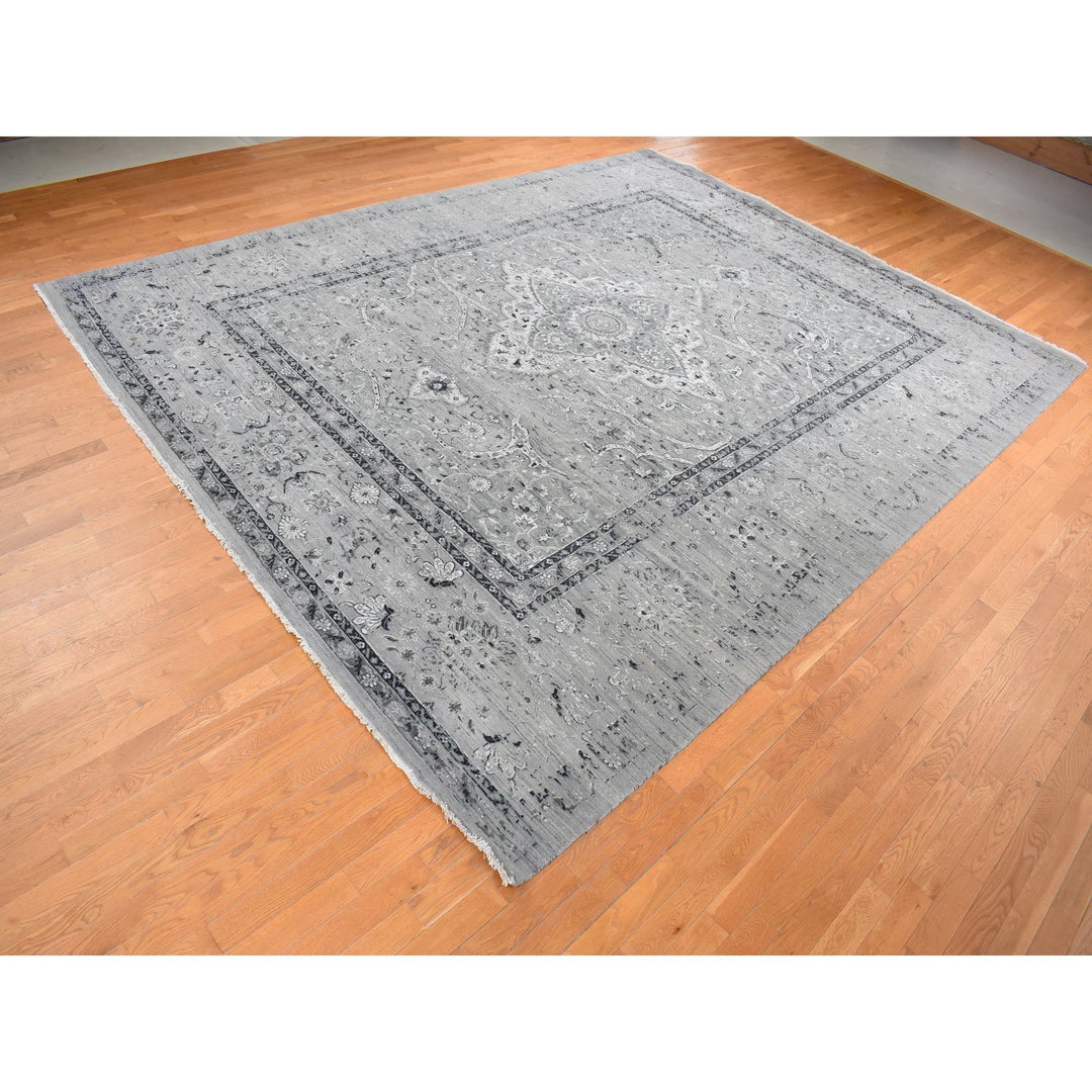 12'0" x 15'5" New Hand Knotted Grey Wool & Silk Rectangle Oriental Rug - MOA10287648