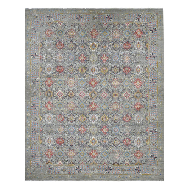 12'0" x 15'1" New Hand Knotted Grey Wool & Pure Silk Rectangle Oriental Rug - MOA10287650