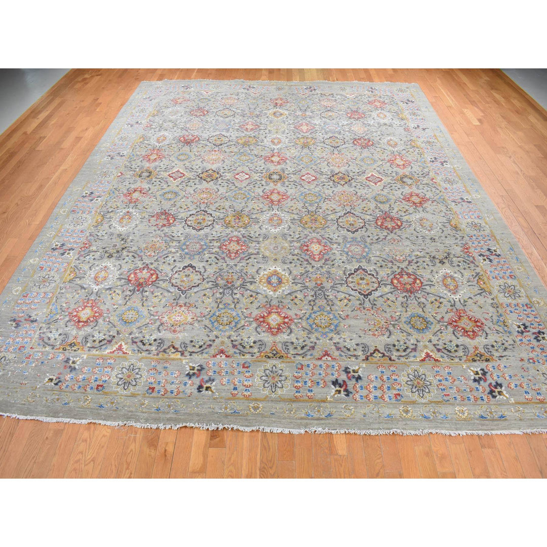 12'0" x 15'1" New Hand Knotted Grey Wool & Pure Silk Rectangle Oriental Rug - MOA10287650