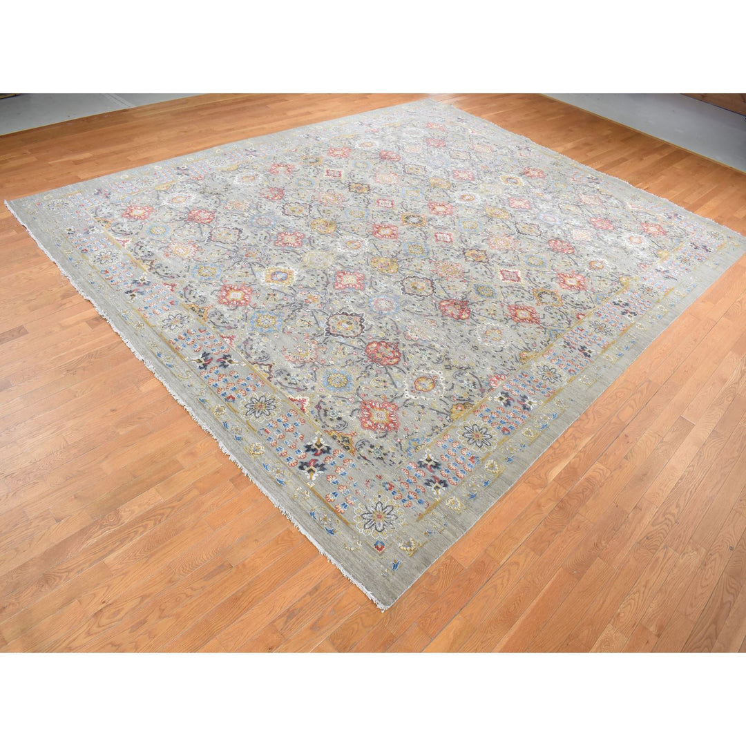 12'0" x 15'1" New Hand Knotted Grey Wool & Pure Silk Rectangle Oriental Rug - MOA10287650