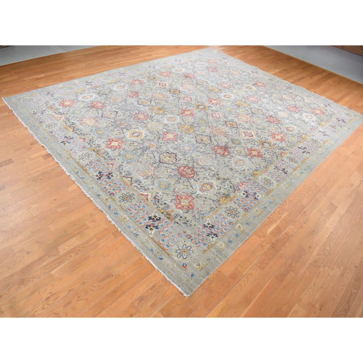 12'0" x 15'1" New Hand Knotted Grey Wool & Pure Silk Rectangle Oriental Rug - MOA10287650