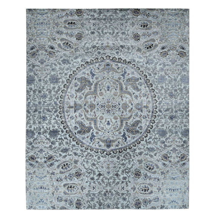 12'0" x 15'0" New Hand Knotted Grey Wool & Silk Rectangle Oriental Rug - MOA10287652