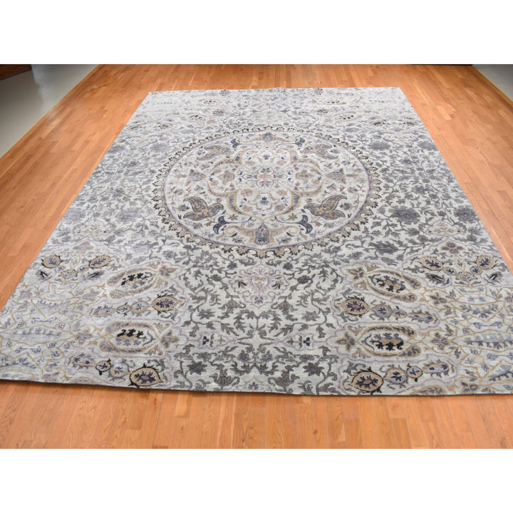 12'0" x 15'0" New Hand Knotted Grey Wool & Silk Rectangle Oriental Rug - MOA10287652