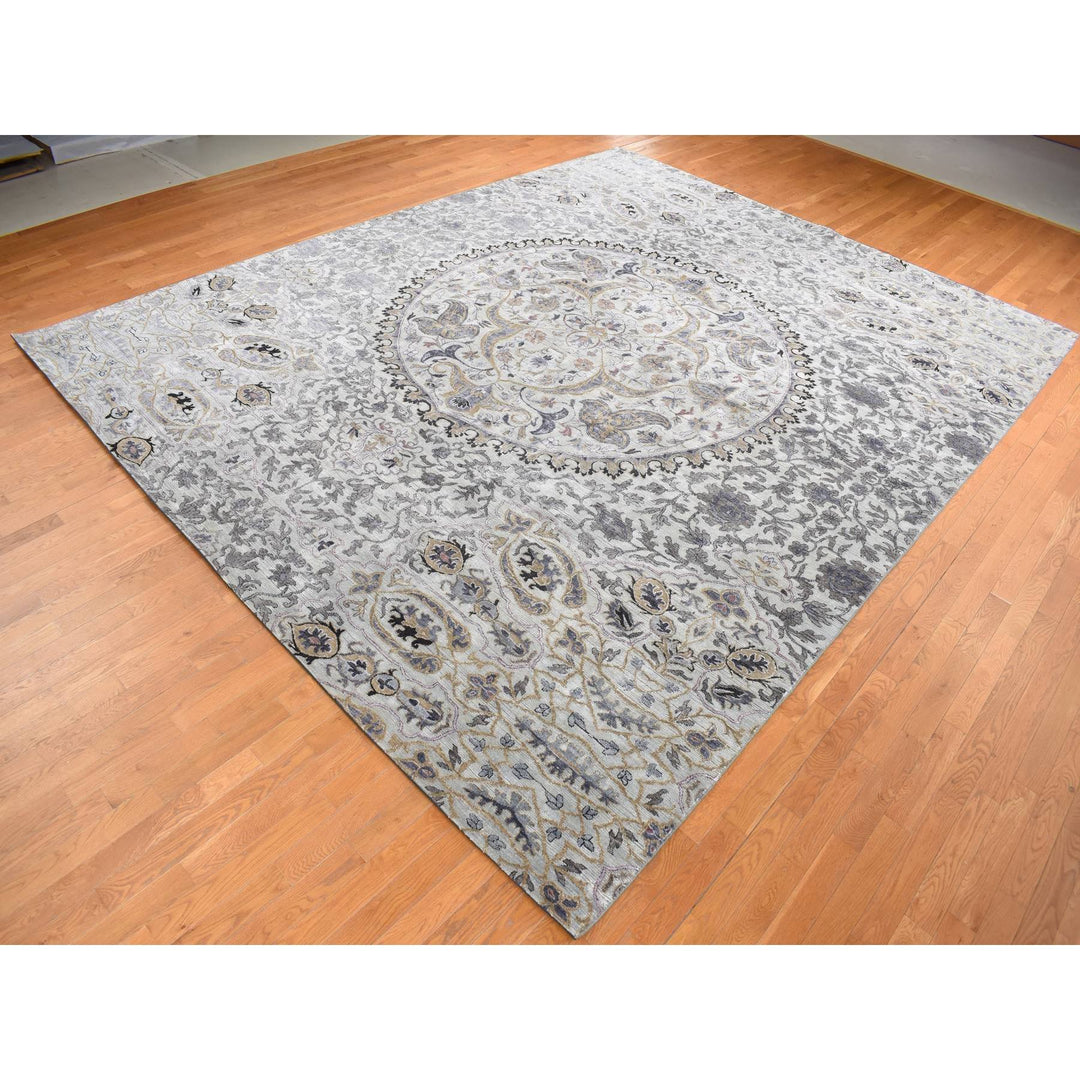 12'0" x 15'0" New Hand Knotted Grey Wool & Silk Rectangle Oriental Rug - MOA10287652