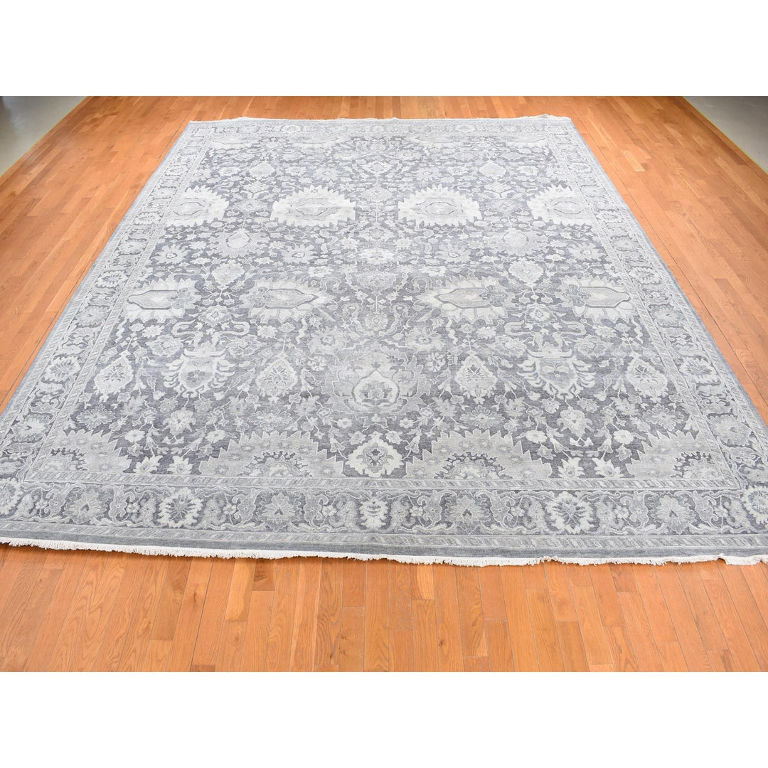 11'10" x 14'10" New Hand Knotted Grey Wool & Silk Rectangle Oriental Rug - MOA10287653