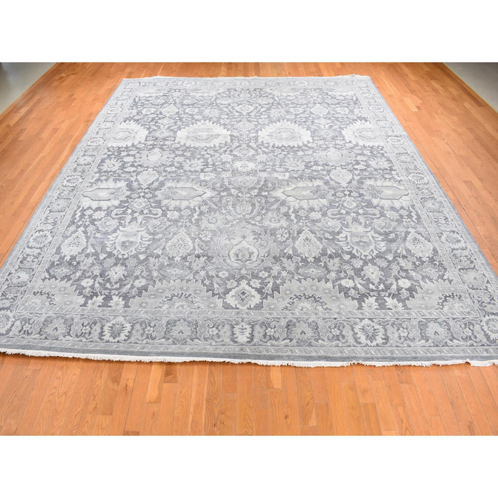 11'10" x 14'10" New Hand Knotted Grey Wool & Silk Rectangle Oriental Rug - MOA10287653