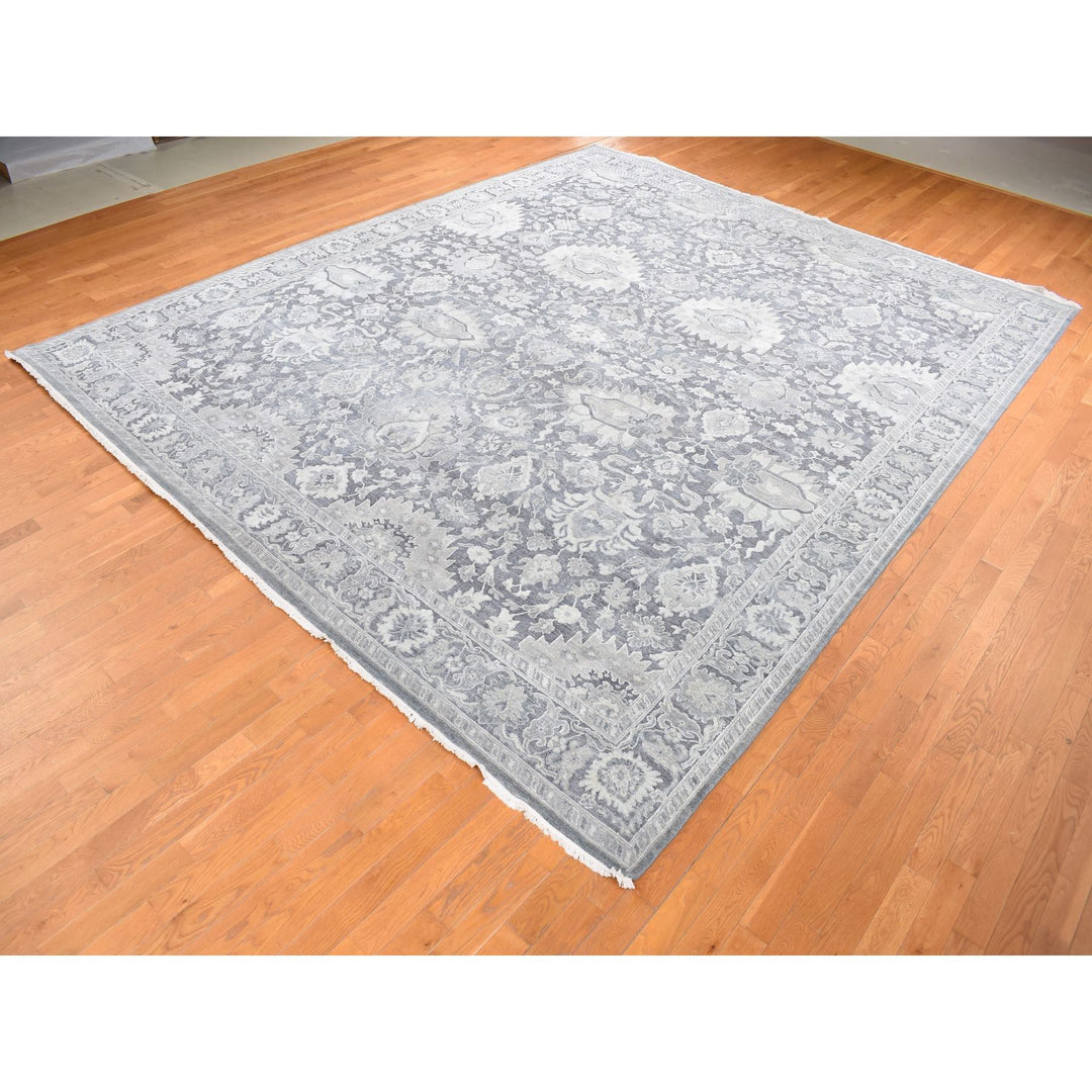 11'10" x 14'10" New Hand Knotted Grey Wool & Silk Rectangle Oriental Rug - MOA10287653